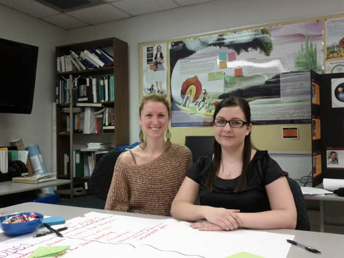 Christine Rossi and Emily Dalimonte sitting at the table where they just held a workshop on facilitating discussions